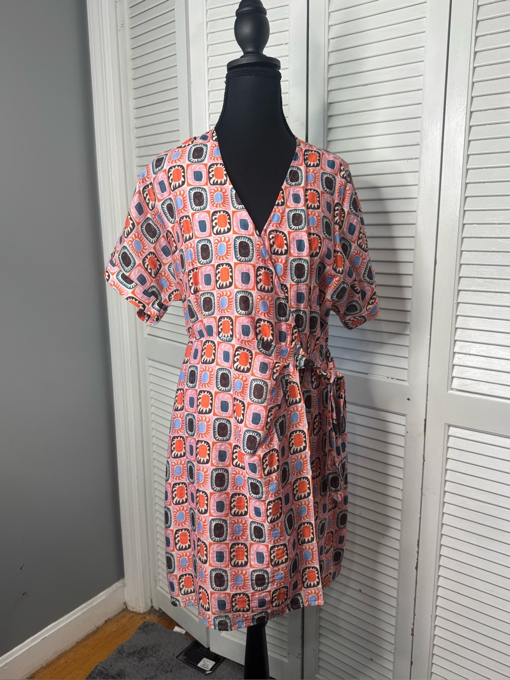 FRNCH Paris Alyha  Sun Wrap Retro Geometric Tile Print Artistic Mosaic Dress Med